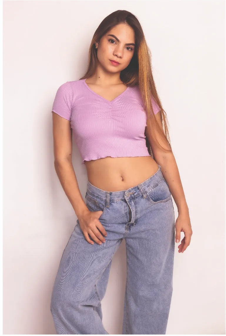 Crop top Seamless manga corta recogido al frente